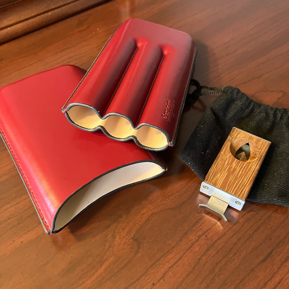 Red Leather Cigar Case with Cutter
